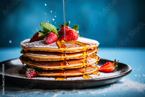 Delicious pancakes with honey and raspberries photo