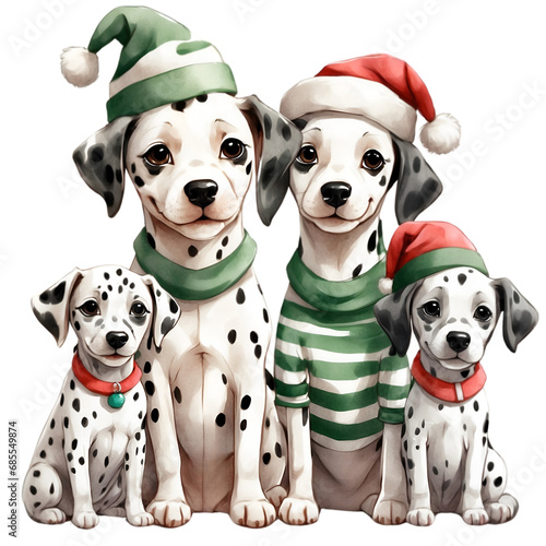 Watercolor illustration of a cute group of Dalmatian Dogs wearing Christmas hat with Christmas boxes. Wishing you a merry Christmas. Xmas season. Creative graphics design. 