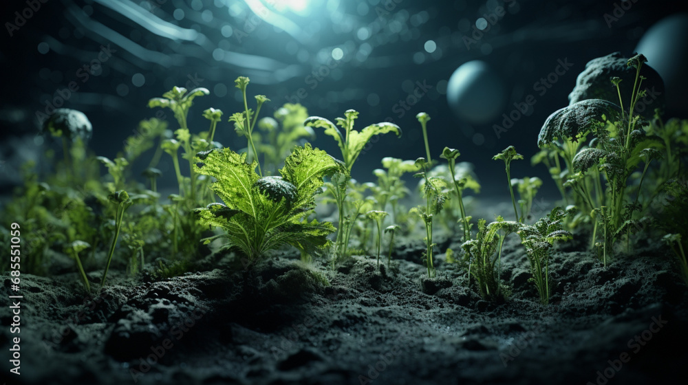 Naklejka premium Microgreens growing in space greenhouse, moon space
