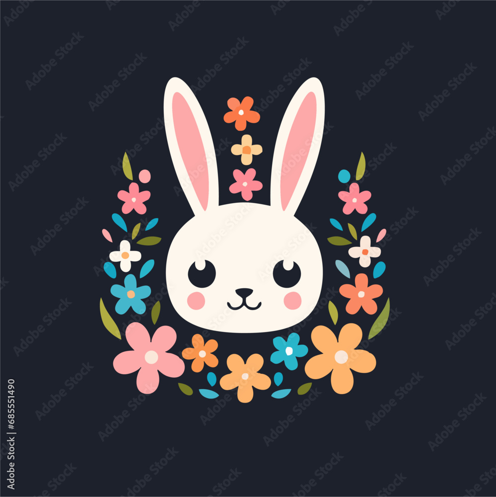 Vector illustration with Bunny ears, smiling eyes, floral wreath. Cute Rabbit as Baby shower & Easter logo, pet shop, badge. Template for Baby Birthday, Easter Day, party invitation, greeting card.