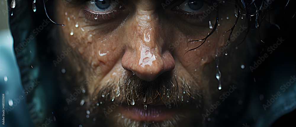 Close-Up Of A Man In Raindrops.  Illustration On The Theme Of People, Age And Old Age. Generative AI	
