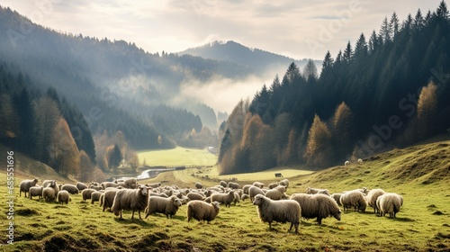 Traditional sheep pasture in Pieniny mountains in Poland. Last days of sheep grazing in autumn photo