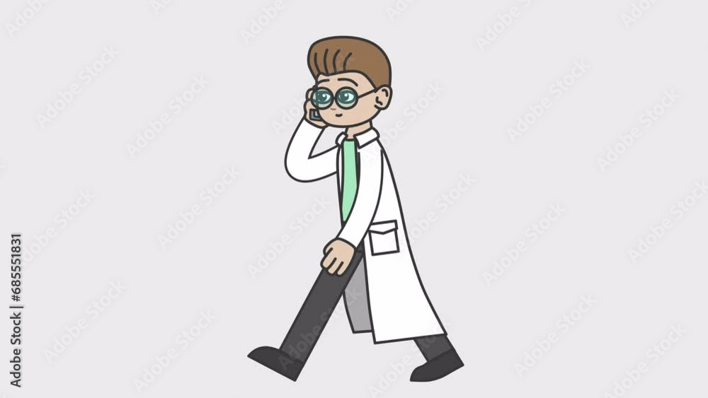 2d animation of walking white male doctor talking on the phone. Looped 4K video with alpha-channel. 2d animation of walking white male doctor talking on the phone. Looped 4K video with alpha-channel.