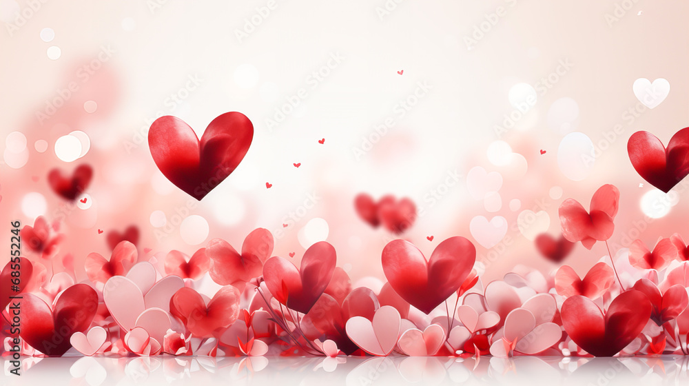 Valentine's day background with red hearts and bokeh lights. Generative AI technology.