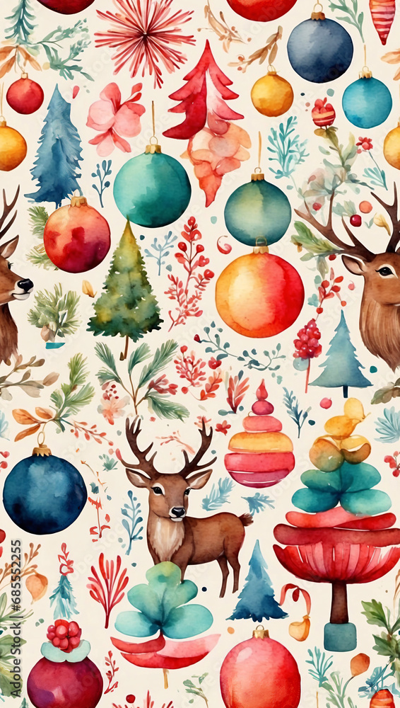 Christmas and Happy New Year seamless pattern with Christmas toys and gifts. Trendy retro and watercolor style. botanical plants,
flowers and bells. Textile or wallpaper print. 100% Seamless pattern.