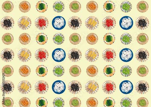 水彩風　和食おかずパターン　背景黄色 Japanese Side Dishes  Series:Japanese Side Dish Pattern