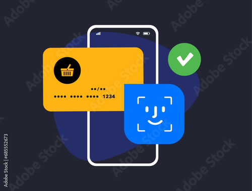 Mobile Shopping Payment with biometric authentication. M-Commerce Contactless Transactions. Fast and secure payment with biometric authentication confirmation via facial recognition and face scanning