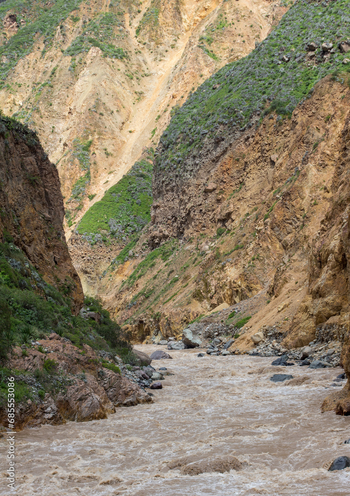 Obraz premium Close up of the Colca River. Spectacular and amazing beautiful panorama of the Andes Mountains in the Colca Canyon, Peru.
