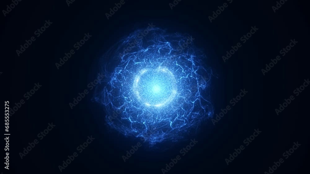 Abstract glowing blue futuristic energy sphera and dust with waves of magical energy particles on a dark blue background Abstract glowing blue futuristic energy sphera and dust with waves of magical energy particles on a dark blue background