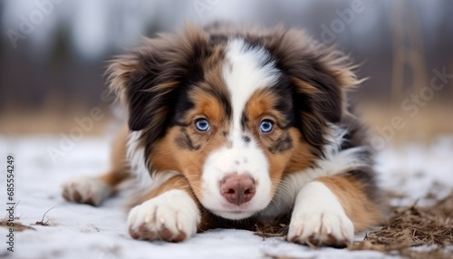 Australian Shepherd puppy dog lying on the white background