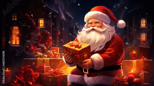 a person in a santa suit holding a box of presents. Ai ilustration. digital painting. Generative AI Artificial Intelligence Artwork