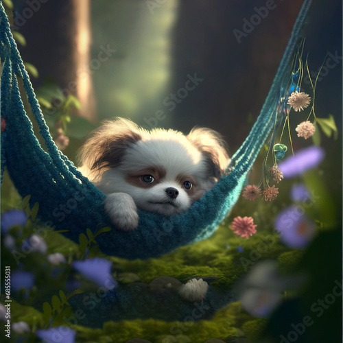 white dog swinging in the jula with flowers bg photo