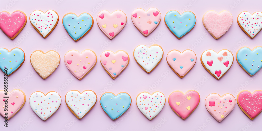 Pattern of colorful heart-shaped homemade cookies sprinkled with colorful confetti on a pastel pink background. Banner, aerial view, flat layout. Valentine's day, Present for holiday and Woman day Pattern of colorful heart-shaped homemade cookies sprinkled with colorful confetti on a pastel pink background. Banner, aerial view, flat layout. Valentine's day, Present for holiday and Woman day