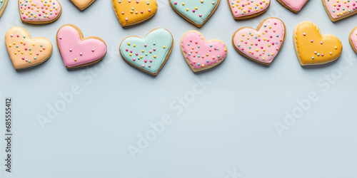 Pattern of colorful heart-shaped homemade gingerbread cookies with colorful confetti on a pastel blue background. Banner, aerial view, flat layout. Birthday, Valentine's day and Woman day present
