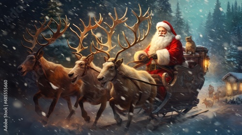 a person riding a reindeer carriage. Ai ilustration. digital painting. Generative AI Artificial Intelligence Artwork