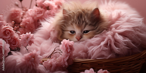 Katze in Pink farbigen Kuschel Korb mit Blumen dekoriert als Poster und Kalender, ai generativ photo