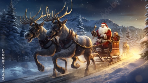 a person riding a reindeer cart. Ai ilustration. digital painting. Generative AI Artificial Intelligence Artwork