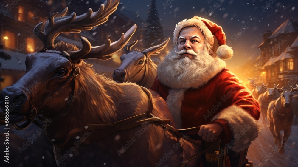a person in a santa hat riding a horse with a reindeer. Ai ilustration. digital painting. Generative AI Artificial Intelligence Artwork
