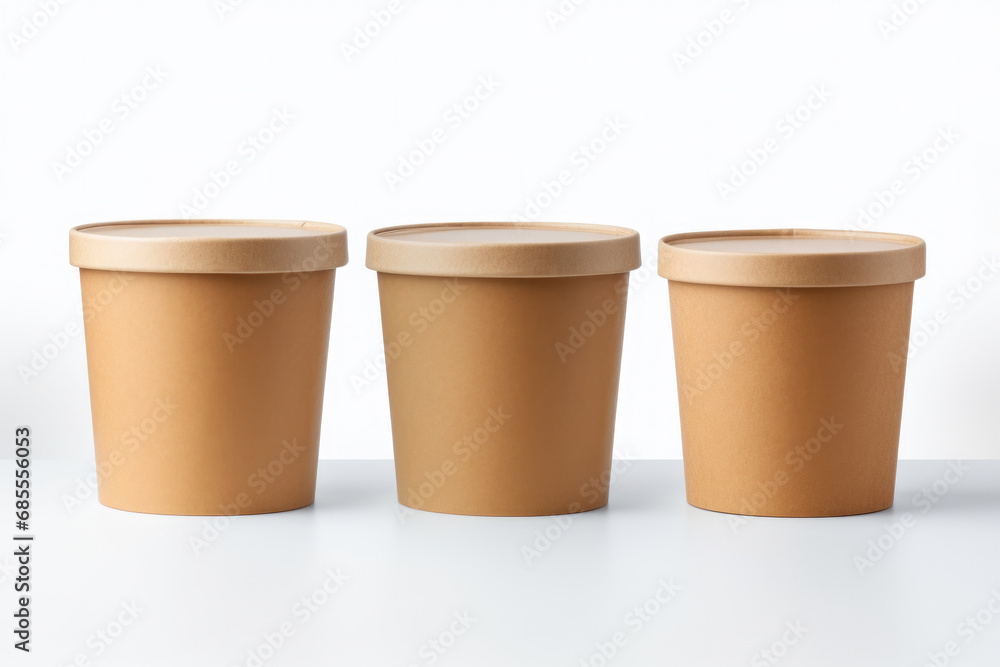 Three brown paper cups with lids placed on white surface. Suitable for various beverage and food concepts. Three brown paper cups with lids placed on white surface. Suitable for various beverage and food concepts.