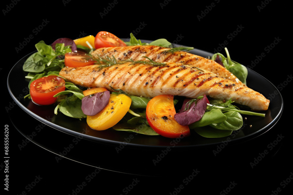 Black plate with delicious serving of meat and vegetables. Perfect for food enthusiasts and restaurant menus. Black plate with delicious serving of meat and vegetables. Perfect for food enthusiasts and restaurant menus.