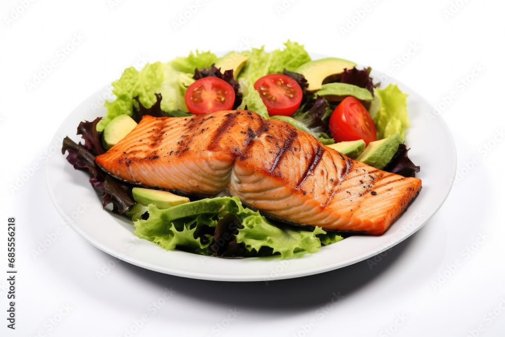 Delicious salmon salad beautifully presented on white plate. Perfect for healthy meals and restaurant menus. Delicious salmon salad beautifully presented on white plate. Perfect for healthy meals and restaurant menus.