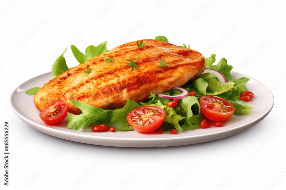 White plate topped with fresh salad and juicy chicken. This image is perfect for food blogs, restaurant menus, and healthy eating articles.