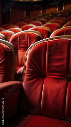 Rows of red theatre seats at a vintage movie palace. Space for text.