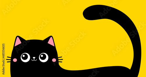 Cat hiding silhouette. Cute funny face head. Pink cheeks. Black kitten. Kawaii animal. Cartoon pet character. Baby card. Notebook cover. Sticker print. Banner. Flat design. Yellow background.