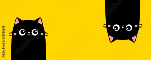 Cat set line banner. Happy sad black kitten head face. Hanging upside down. Cute kawaii funny cartoon baby character. Happy Halloween. Notebook sticker print template. Flat design. Yellow background