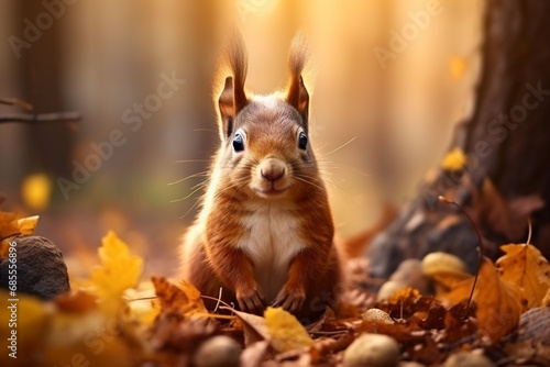 Squirrel in the autumn forest. Animal potrait in nature