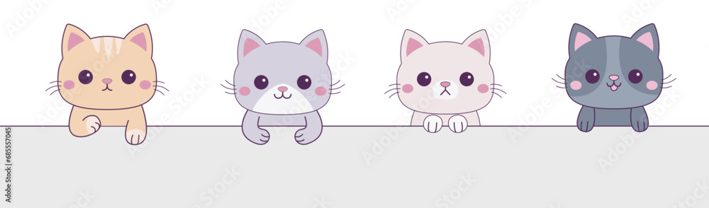 Cat set hanging on paper. Kitten with holding hands. Paw print on the table. Line contour silhouette. Funny Kawaii pet animal. Cute cartoon doodle baby character. Flat design. White background.