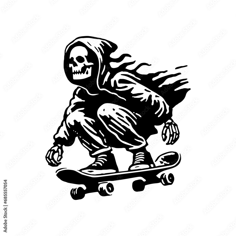 Fototapeta premium Hand Drawn Monochrome Illustration of a Skeleton Enjoying Skateboarding