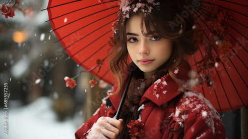 a girl in red Kimono with umbrella with white snow, Hokkaido, Japan. generative ai