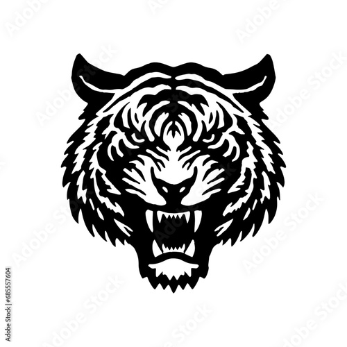 Monochrome Illustration of a Powerful  Angry Tiger Head