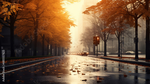 Empty road in city in autumn time