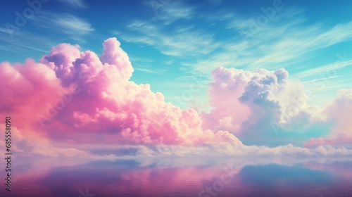 Pink clouds and blue skies visible above the water surface. Generative AI