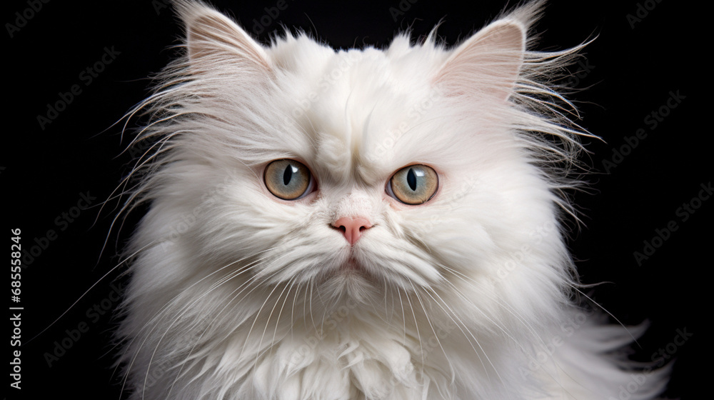 White British Semi-Longhair Cat with Whiskers on a Black Background