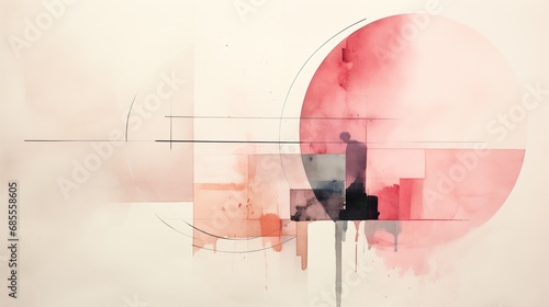 Pink watercolor style abstract painting with circles and squares. Generative AI