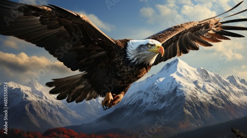 Bald Eagle Soaring Through Wintry Mountain Landscape