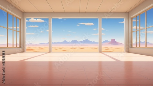 Empty interior room with a desert landscape view - idyllic far away freedom and empty open space - summer solitude scene - minimalist Architecture design.