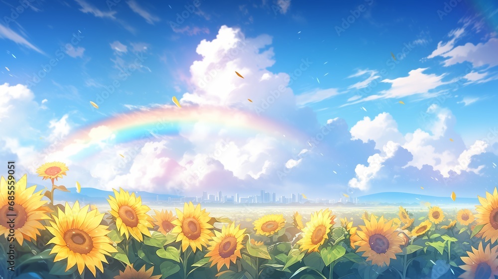 The background of a field full of rainbows and sunflowers in the sunny sky. Generative AI