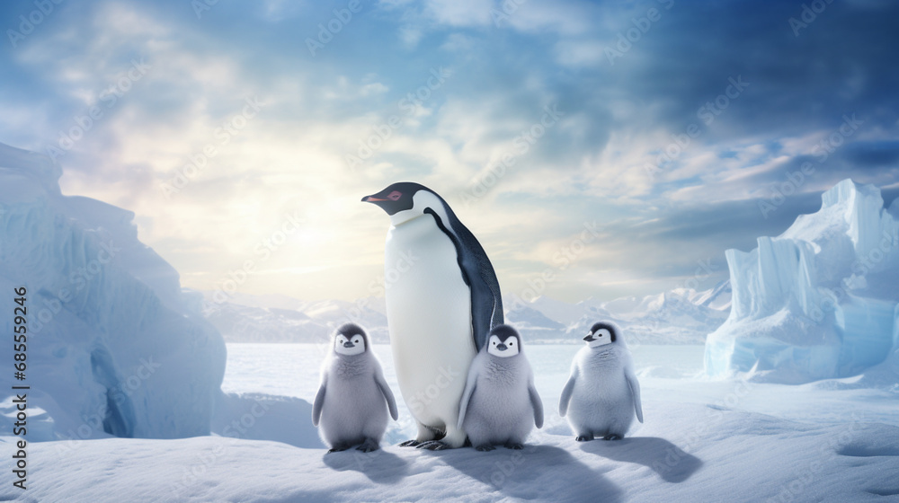 Group of Penguins in Arctic Environment on Frozen Ice Cap