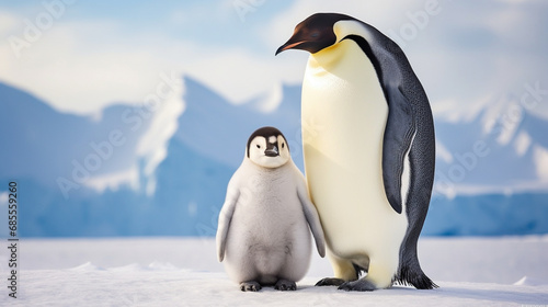 Group of Young Emperor Penguins in the Snowy Antarctic Landscape