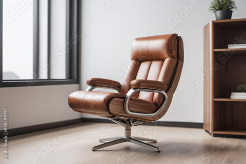  A brown leather office comfy  relaxing chair is pictured in a bright background clean white. This image can be used to reference comfortable leather wooden chair