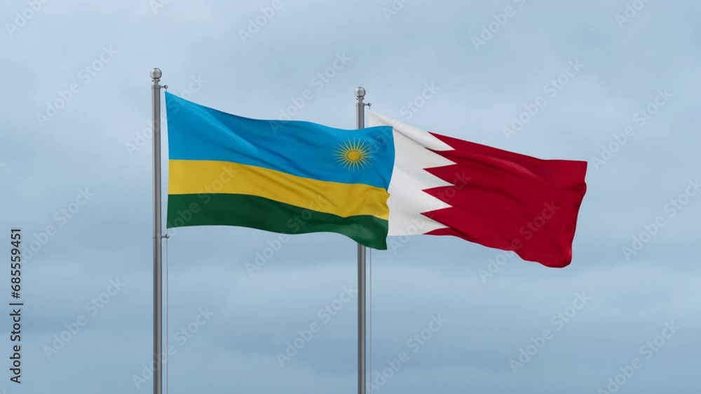 Bahrain flag and Rwanda flag waving together on cloudy sky, endless seamless loop, two country relations concept Bahrain flag and Rwanda flag waving together on cloudy sky, endless seamless loop, two country relations concept