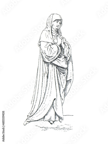 Hand drawn vintage Statue of Maria virgin. Maria magdalena illustration. Religious maria portrait.