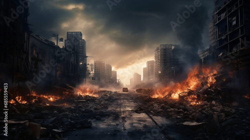 Empty street of burnt up city. Apocalyptic view