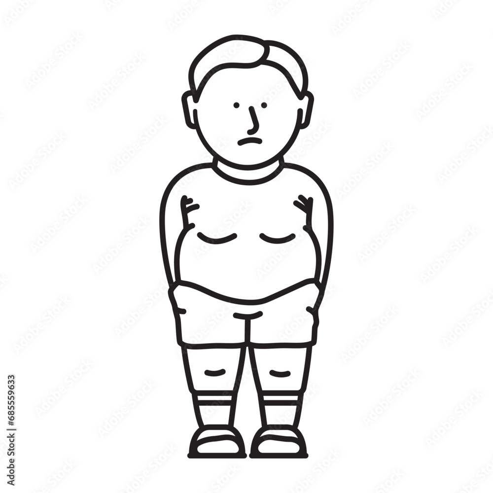Fototapeta premium Sad obese boy vector line icon for World Obesity Day on March 4