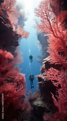 Two people in scuba gear swimming in a coral reef. Generative AI.