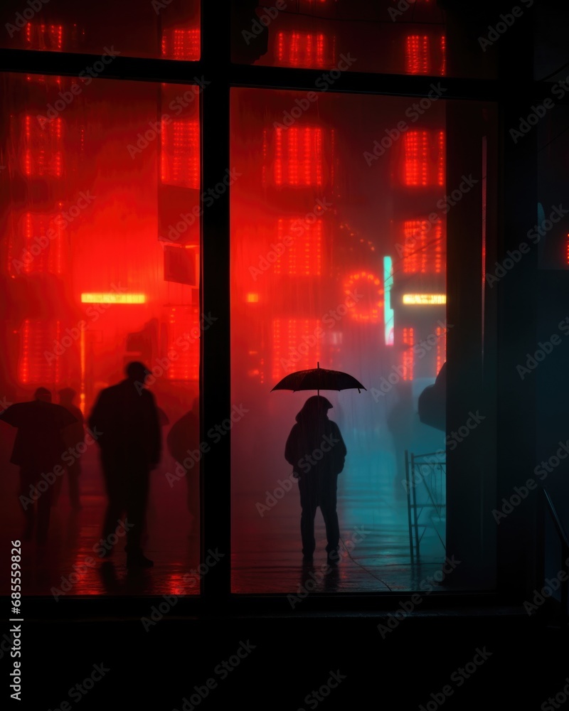 Fototapeta premium A person holding an umbrella in front of a window. Generative AI.